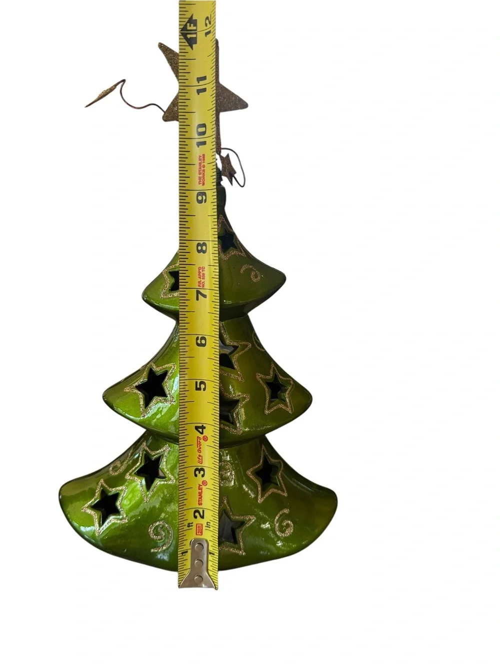 Pier 1 Imports Christmas Tree Tea Light Candle Holder Green Ceramic Gold Stars